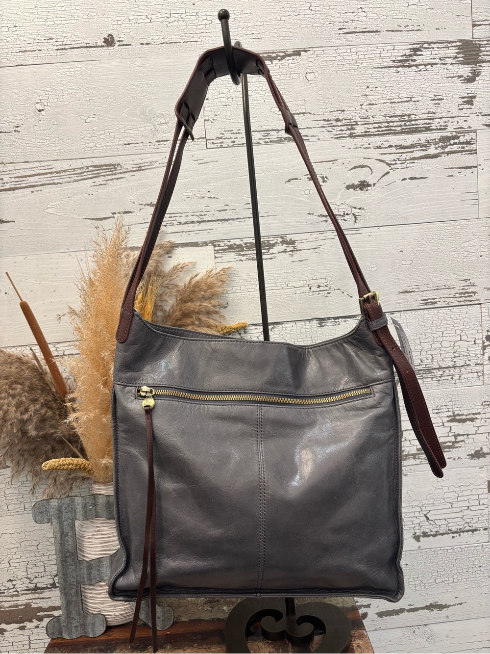 HOBO Gray Leather Shoulder Bag with Brown Strap